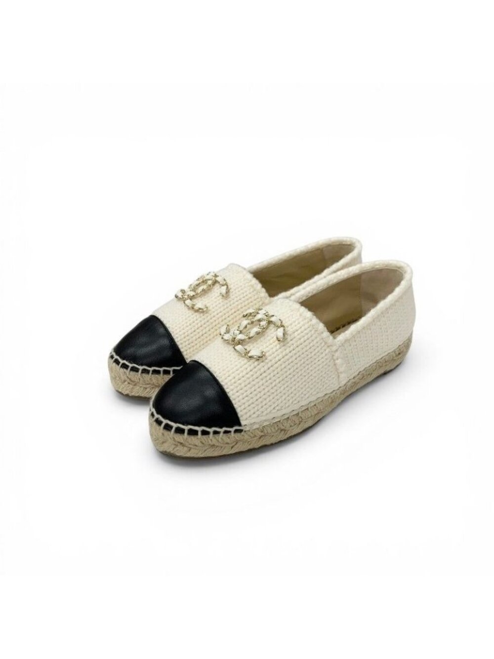 Chanel Flat Shoes Fabric Leather Ivory Black CC Logo Espadrille Chain